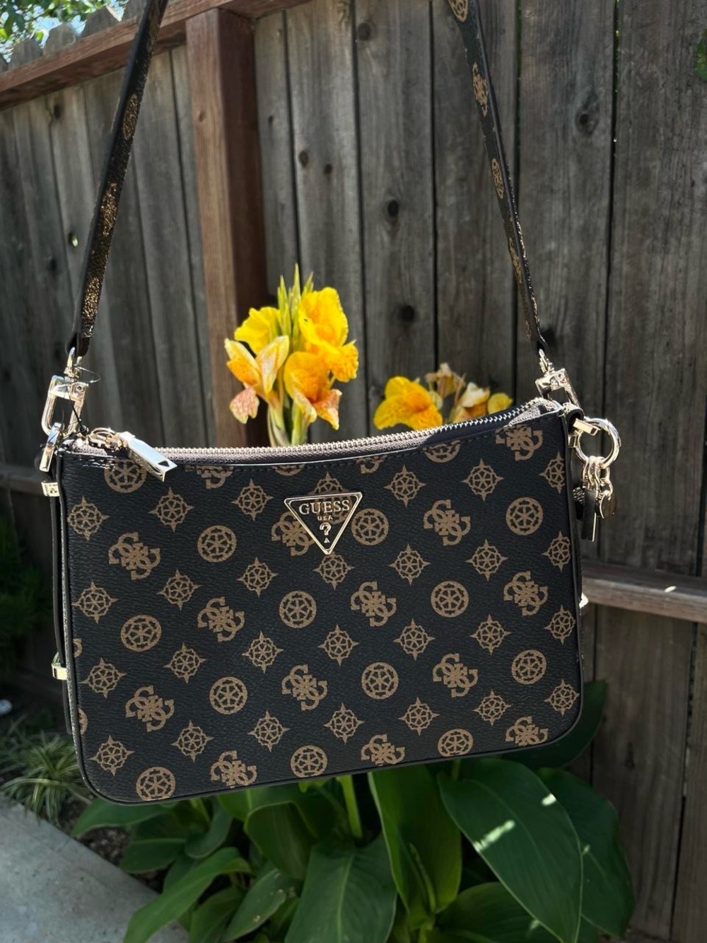 GUESS Brown & Tan Logo Print Shoulder Bag